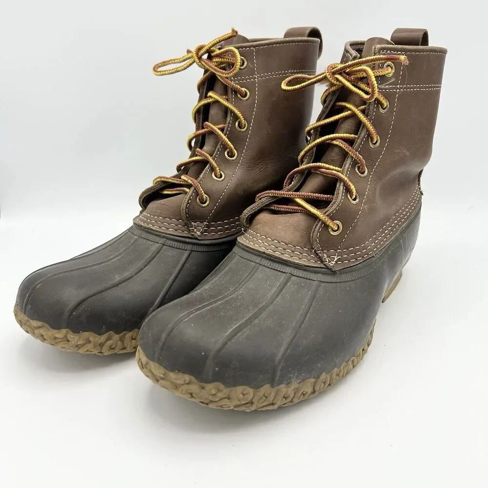 VINTAGE L.L. Bean Boots Duck Boots USA Distressed Leather Rubber Lace Up 10 - Picture 1 of 8